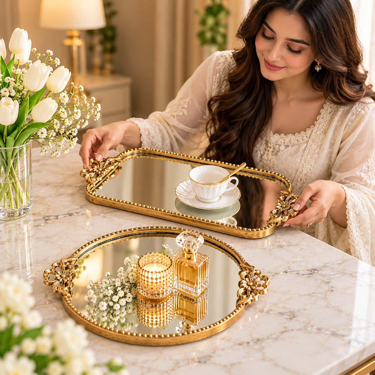 Luxury Gold Mirror Tray Set of 2 – Ornate Round & Rectangular Decorative Trays for Serving