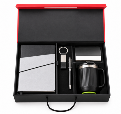 Premium 5-in-1 Corporate Gift Set with Dual-Tone A5 Notebook, Metal Bamboo Pen, Keychain, Card Holder