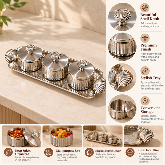 Luxury Silver Condiment Jar Set with Decorative Shell Handles