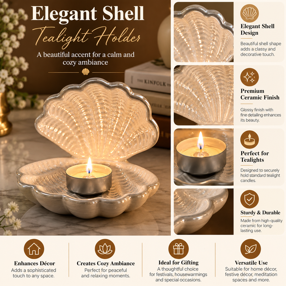 Elegant Pearl Ceramic Shell Tealight Candle Holder
