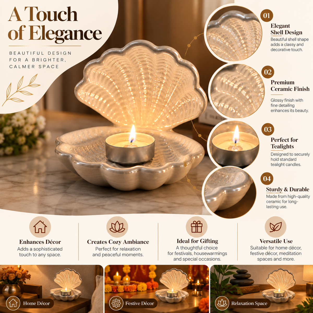 Elegant Pearl Ceramic Shell Tealight Candle Holder