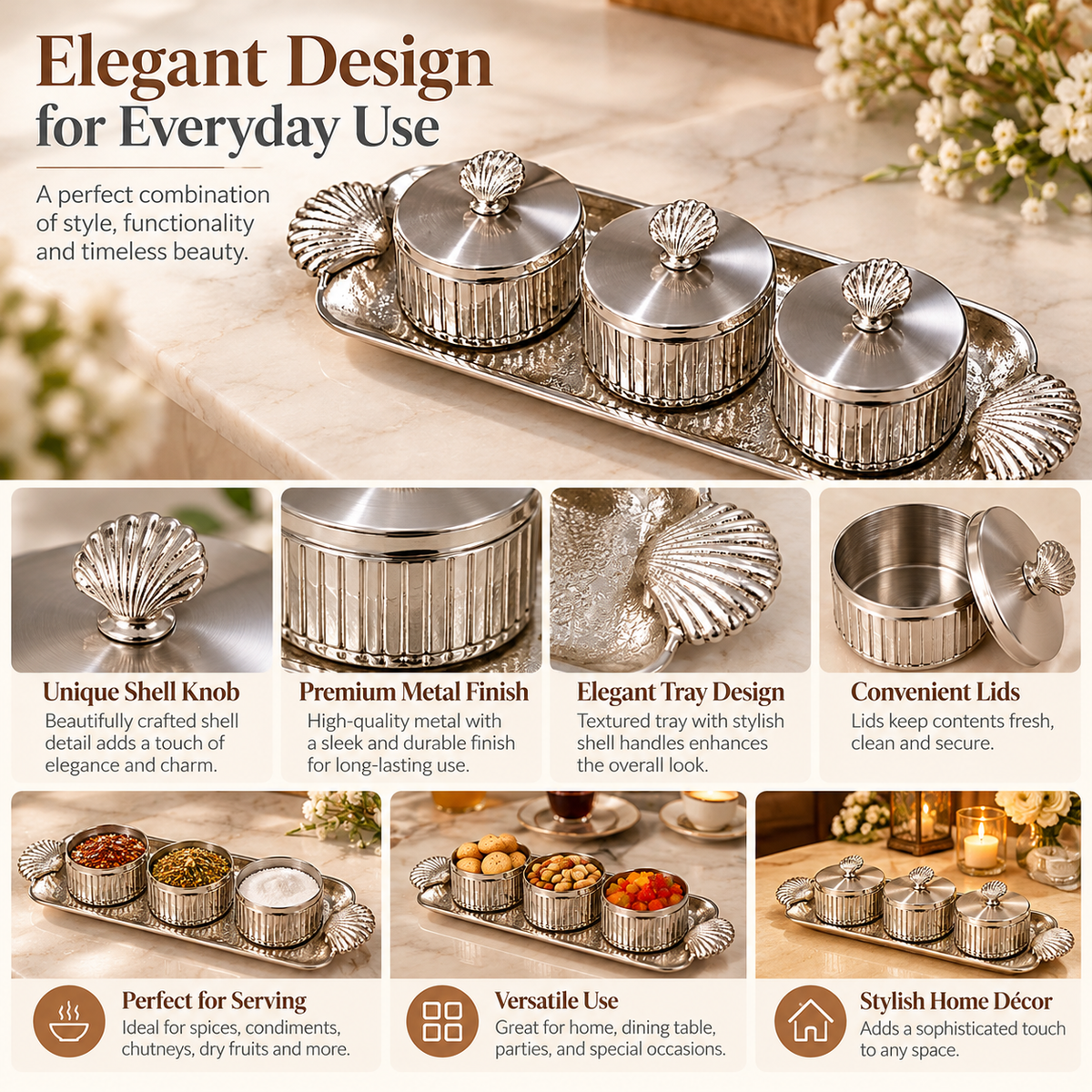 Luxury Silver Condiment Jar Set with Decorative Shell Handles