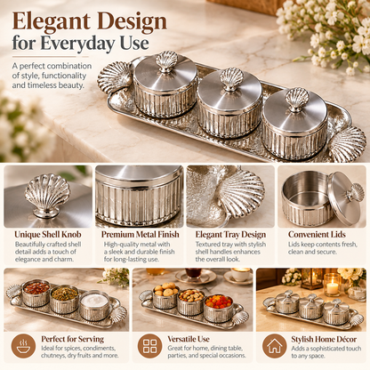 Luxury Silver Condiment Jar Set with Decorative Shell Handles
