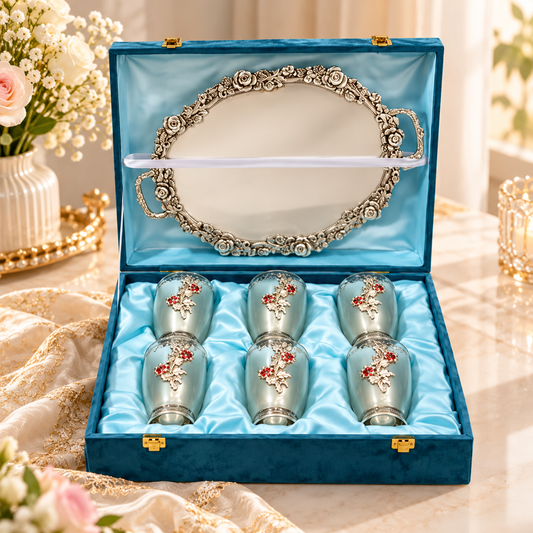 Luxury Silver Floral Tray & 6 Cup Gift Set in Premium Blue Velvet Box – Elegant Decorative Serving Set