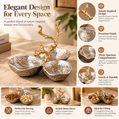 Luxury Hammered Silver Three-Section Serving Bowl with Gold Branch Handle