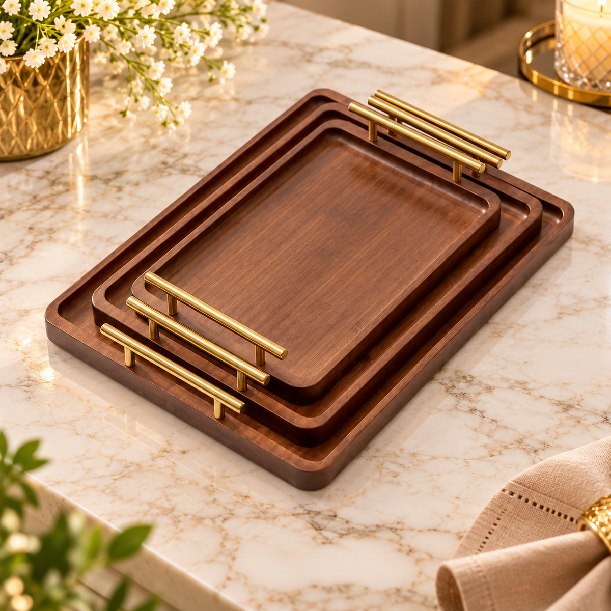 Set of 3 Premium Wooden Serving Trays with Gold Metal Handles