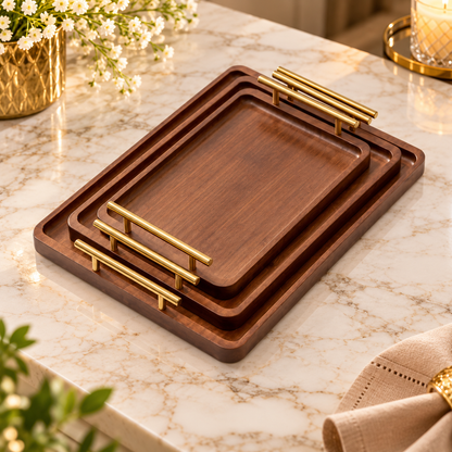 Set of 3 Premium Wooden Serving Trays with Gold Metal Handles