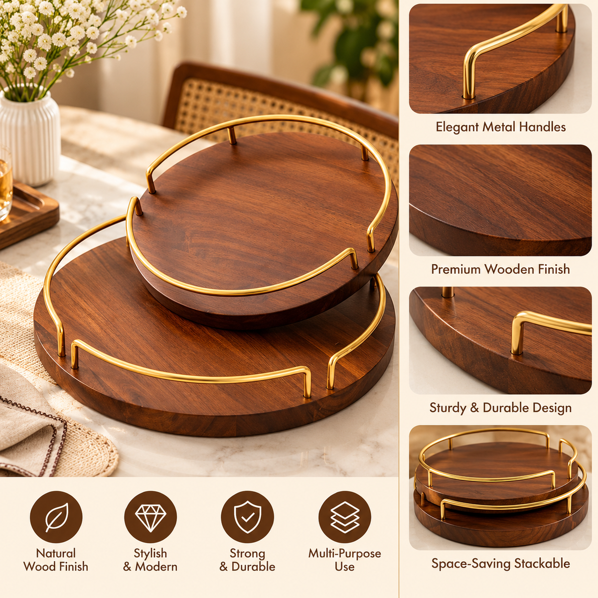 Set of 2 Round Wooden Serving Trays with Gold Metal Handles