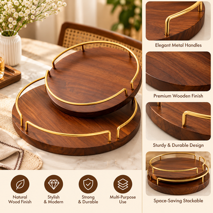Set of 2 Round Wooden Serving Trays with Gold Metal Handles