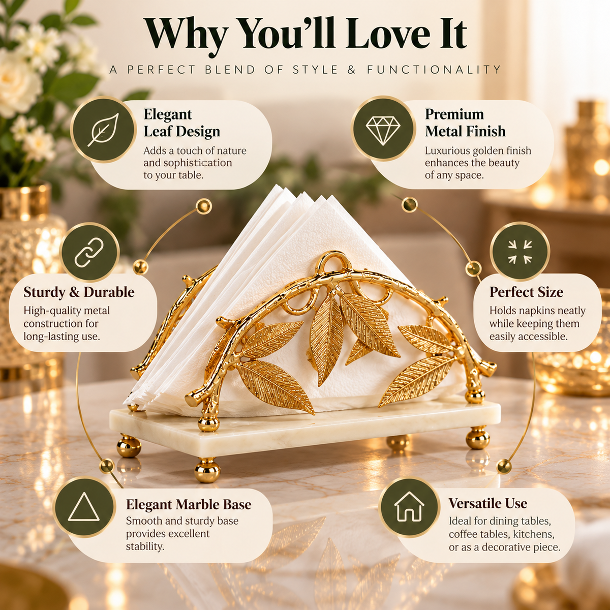 Luxury Gold Leaf Napkin Holder with Marble Base