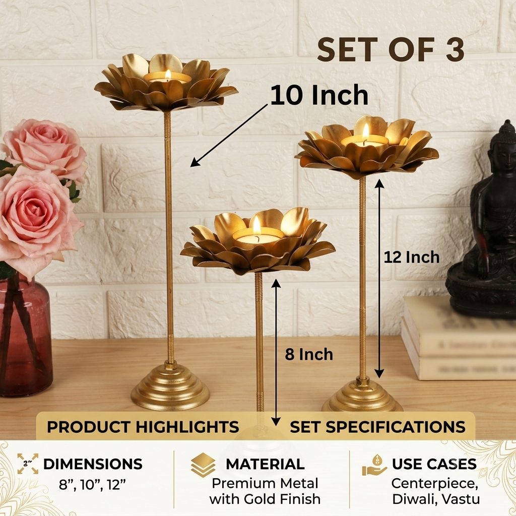 Set of 3 Metal Lotus Flower Tealight Holders for Home Decor