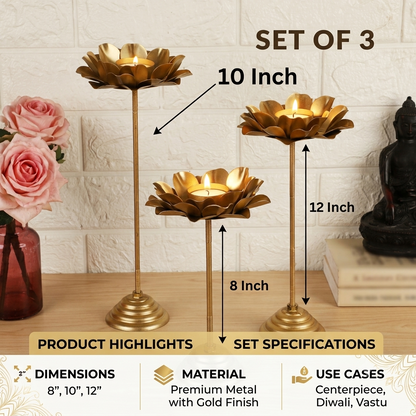 Set of 3 Metal Lotus Flower Tealight Holders for Home Decor