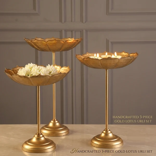 3-Piece Gold Metal Lotus Urli Bowl Stand Set