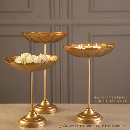 3-Piece Gold Metal Lotus Urli Bowl Stand Set