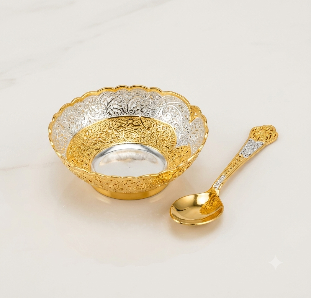 Gold Plated Decorative Bowls with Spoons Tray Set