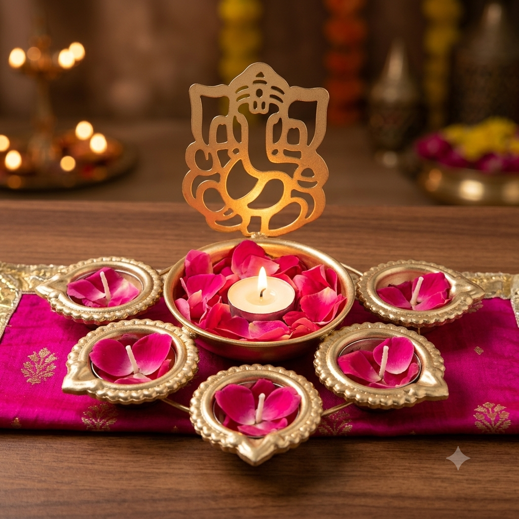 Gold Ganesha Diya Stand Set with Central Petal Bowl