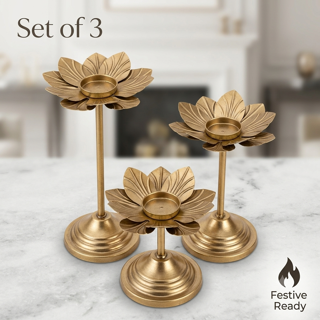 3-Piece Brass Gold Lotus Diya Candle Holder Stand Set