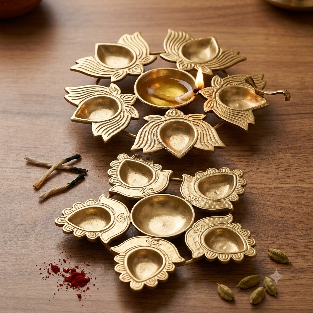 Flower Design Multi-Diya Stand Set for Pooja & Festival Decor