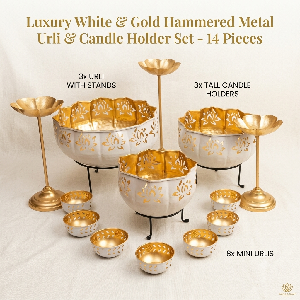 14-Piece White & Gold Metal Lotus Urli Bowl Set