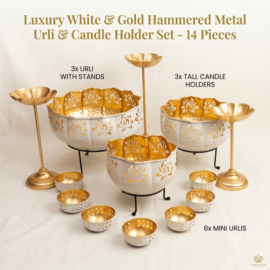 14-Piece White & Gold Metal Lotus Urli Bowl Set