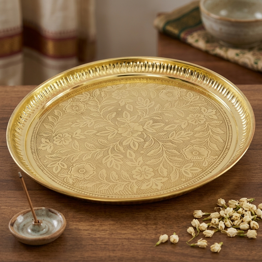 Floral Brass Embossed Decorative Tray for Mandir & Servings