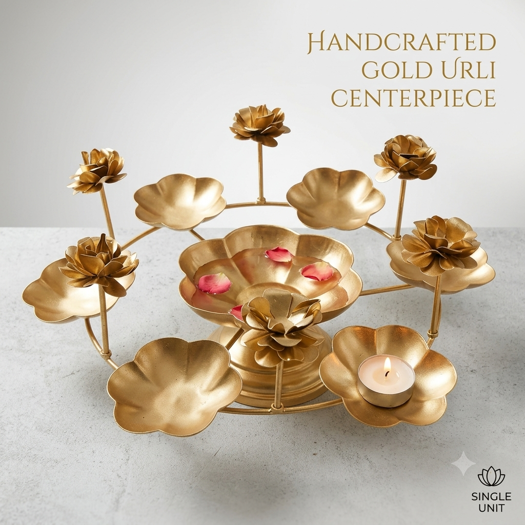 Multi-Tier Lotus Flower Diya Holder & Urli Bowl Centerpiece