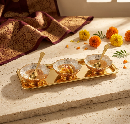 Gold Plated Decorative Bowls with Spoons Tray Set