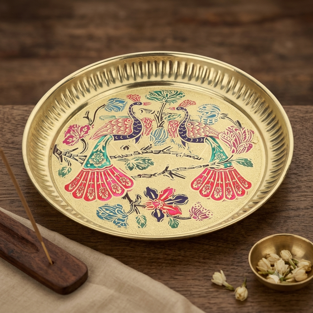 Peacock Design Enamel Art Pooja Thali