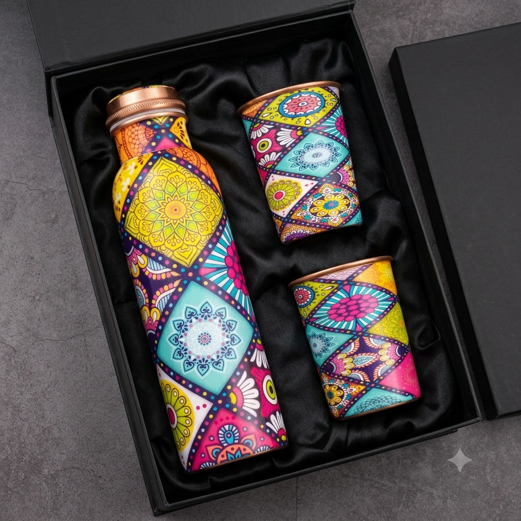 3-Piece Printed Copper Water Bottle & Glass Gift Set