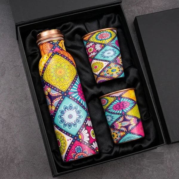 3-Piece Printed Copper Water Bottle & Glass Gift Set