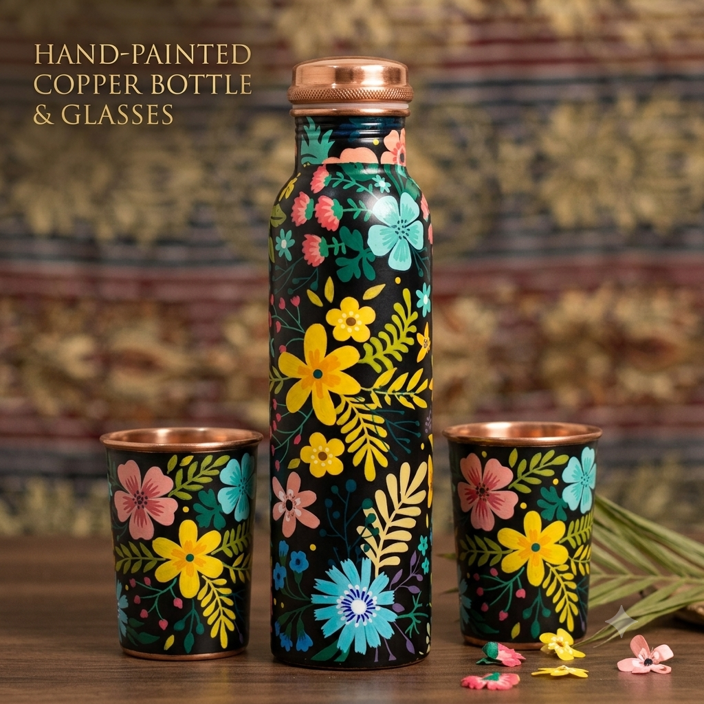 Printed Copper Water Bottle & glasses Set