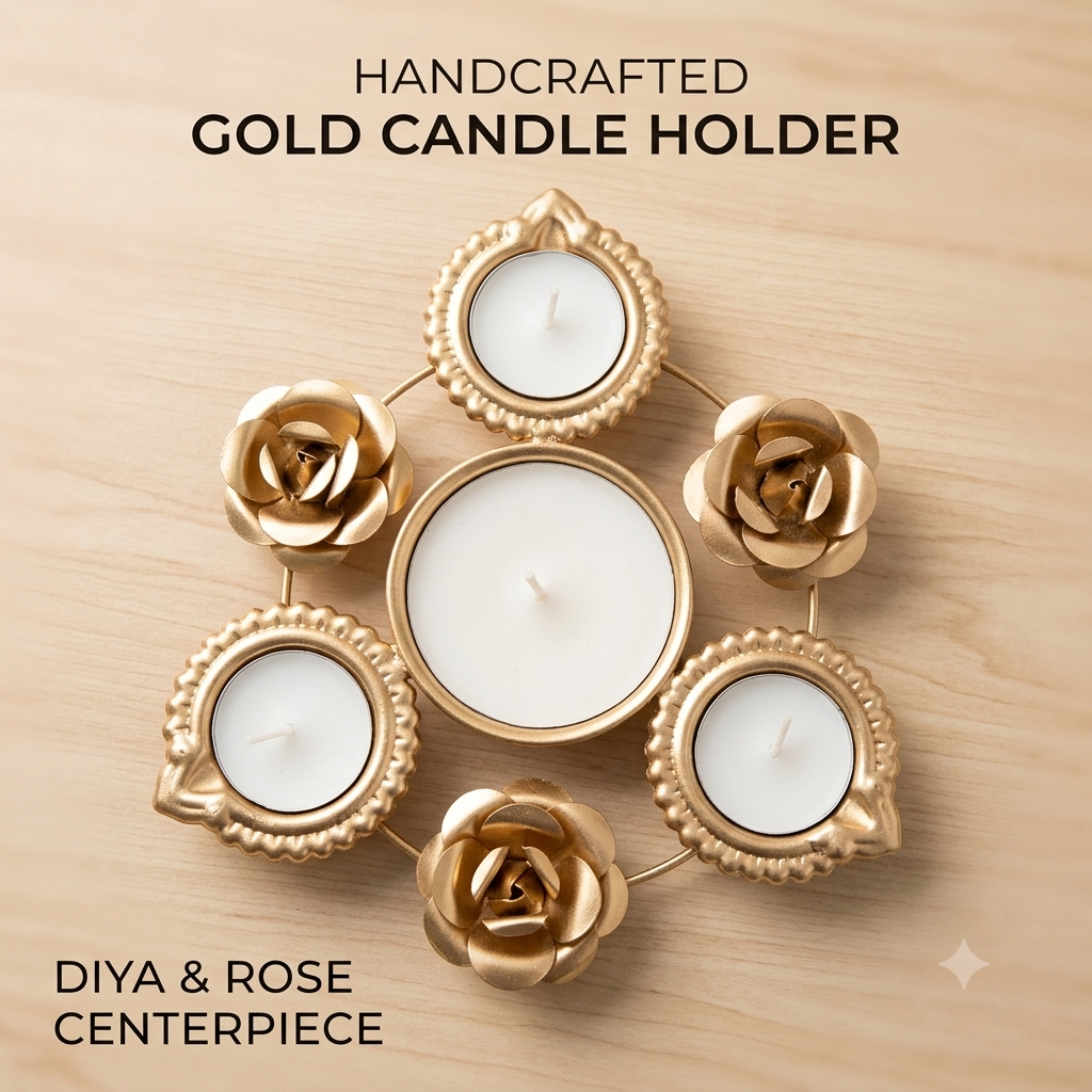Gold Metal Rose & Diya Tealight Candle Holder