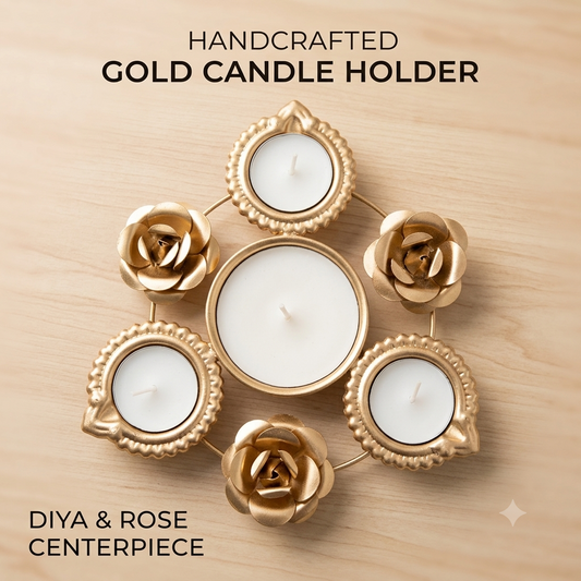 Gold Metal Rose & Diya Tealight Candle Holder