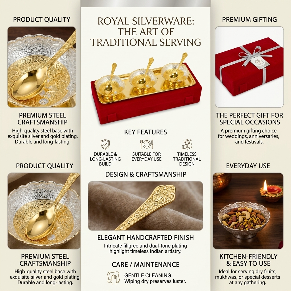Gold Plated Decorative Bowls with Spoons Tray Set