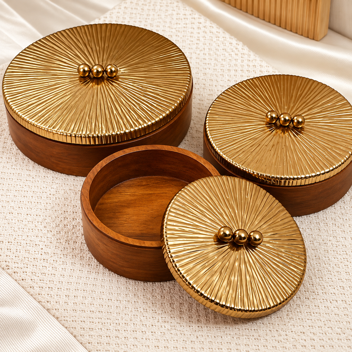 Luxury Wooden Storage Boxes with Gold Sunburst Lids