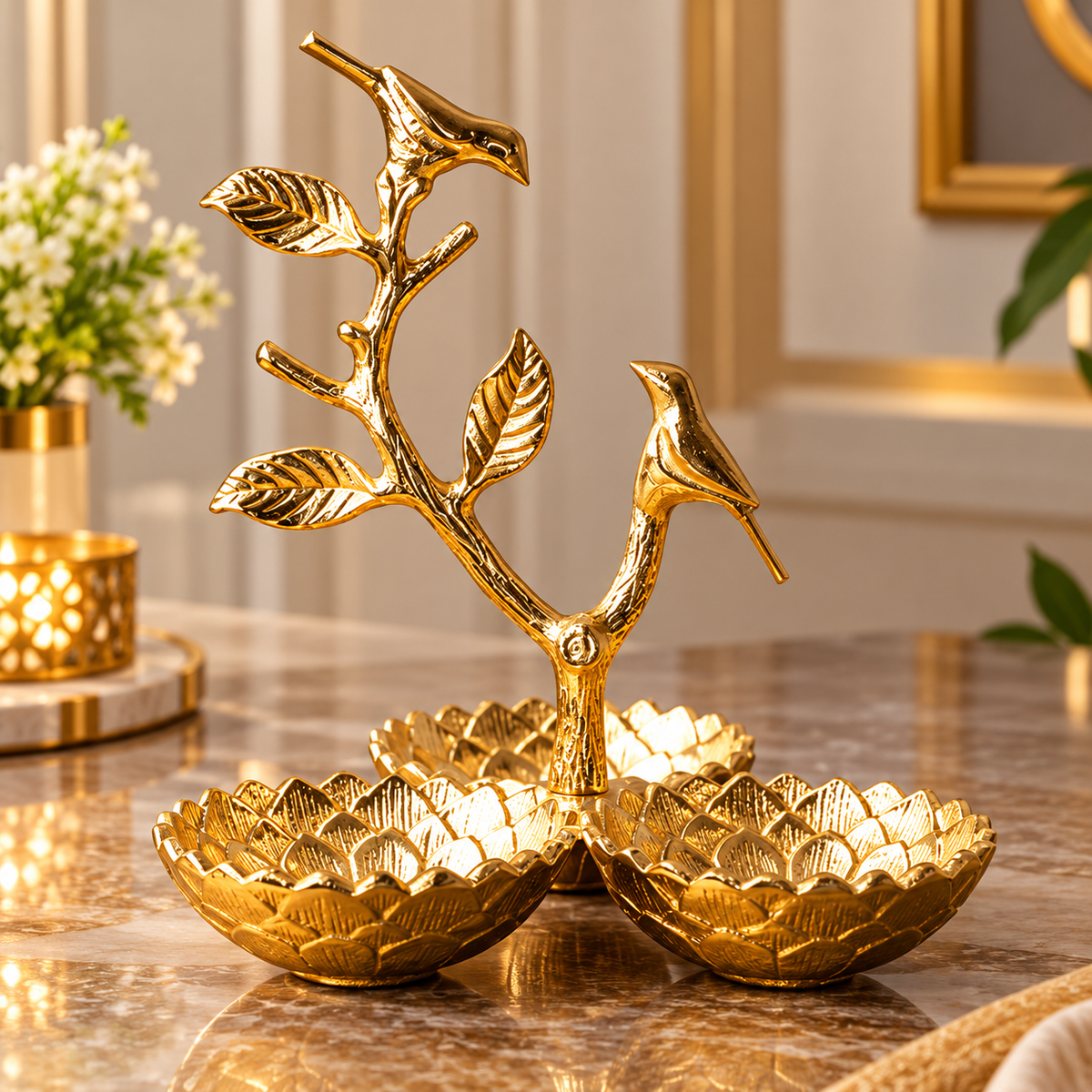 Elegant Gold Bird Branch Decorative Tray with 3 Lotus Bowls