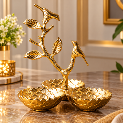 Elegant Gold Bird Branch Decorative Tray with 3 Lotus Bowls