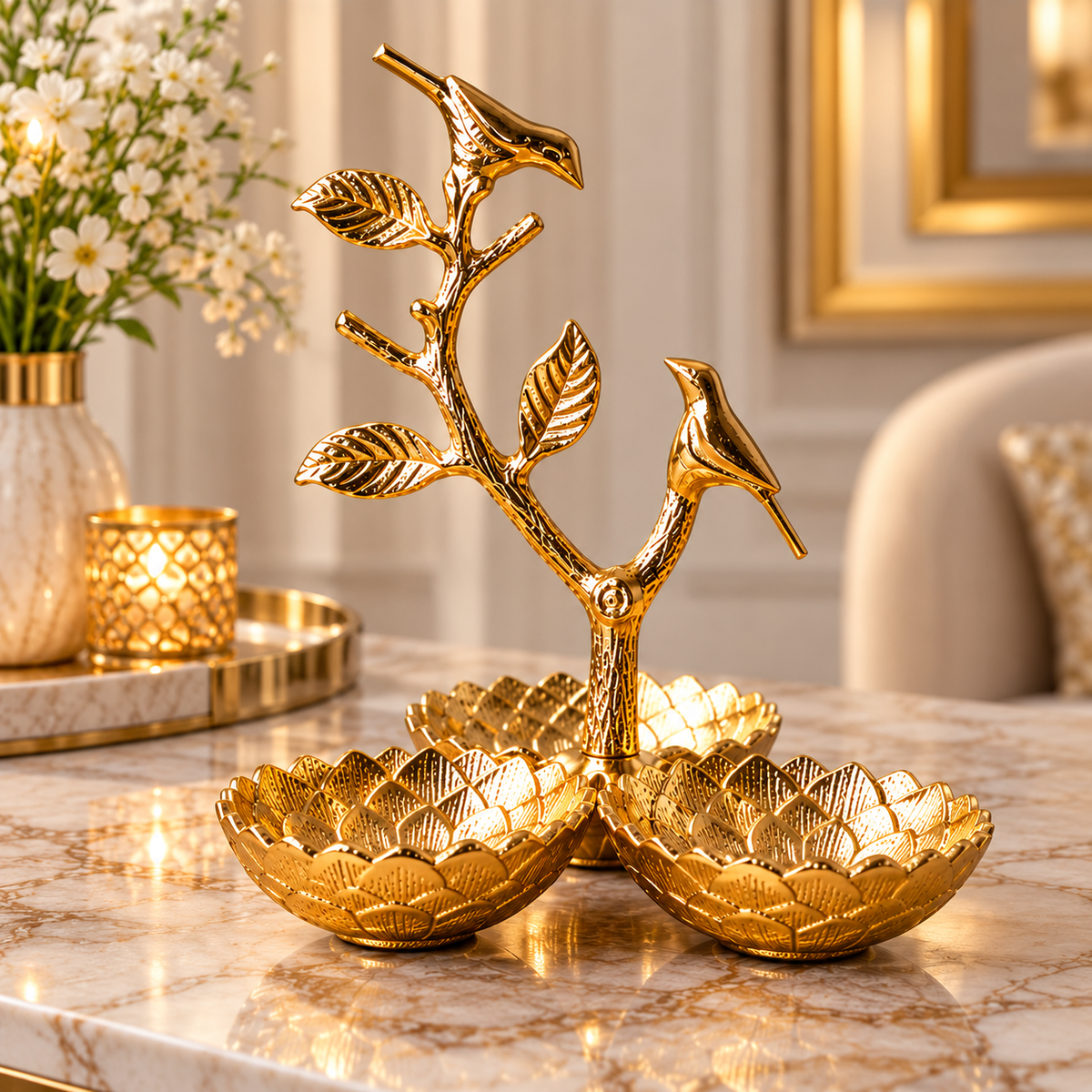 Elegant Gold Bird Branch Decorative Tray with 3 Lotus Bowls