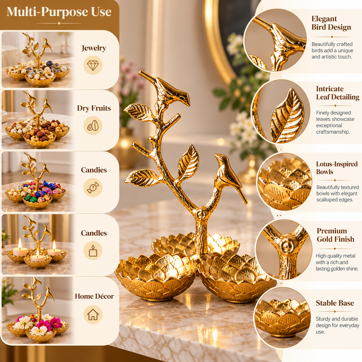Elegant Gold Bird Branch Decorative Tray with 3 Lotus Bowls