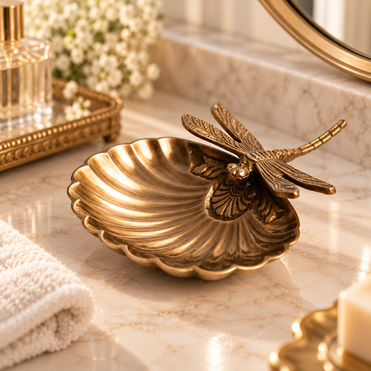 Elegant Antique Gold Dragonfly Shell Soap Holder – Decorative Metal Soap Dish for Bathroom, Vanity & Home Décor