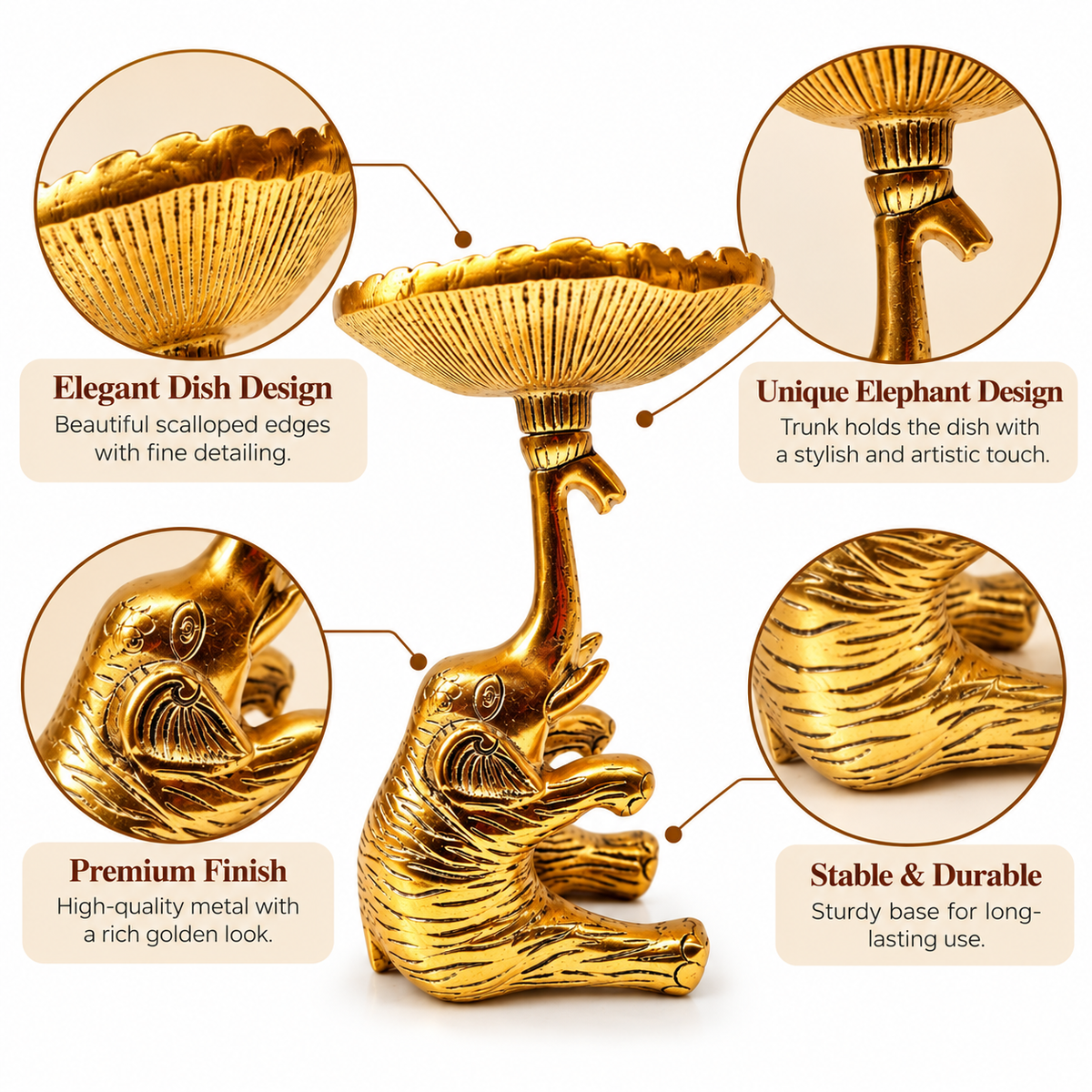 Elegant Gold Elephant Dish Stand – Decorative Metal Bowl Holder for Jewelry, Dry Fruits, Candles & Home Décor