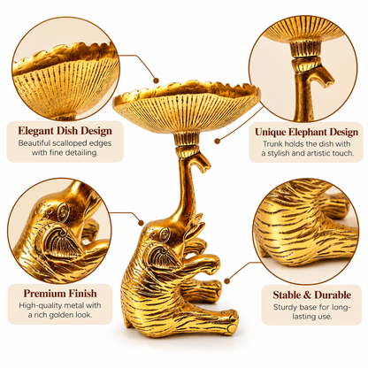 Elegant Gold Elephant Dish Stand – Decorative Metal Bowl Holder for Jewelry, Dry Fruits, Candles & Home Décor