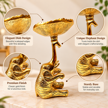 Elegant Gold Elephant Dish Stand – Decorative Metal Bowl Holder for Jewelry, Dry Fruits, Candles & Home Décor
