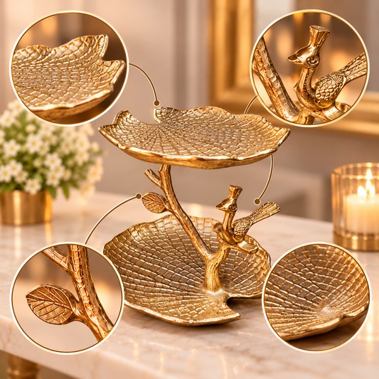 Elegant Gold Two-Tier Leaf Tray with Decorative Bird Accent – Luxury Metal Serving & Home Décor Stand