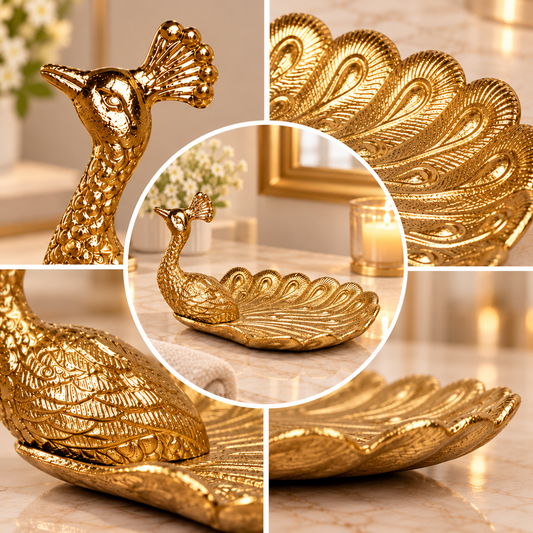 Elegant Antique Gold Peacock Tray – Decorative Metal Dish for Jewelry, Perfume, Dry Fruits & Luxury Home Décor