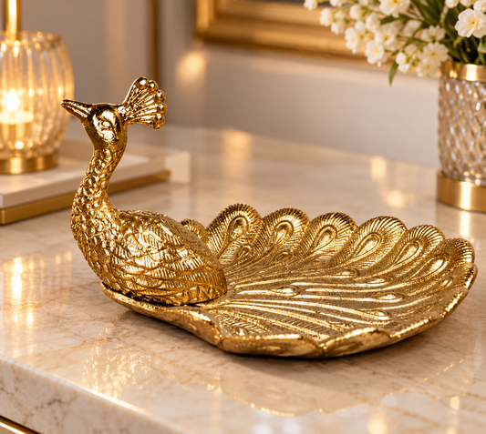 Elegant Antique Gold Peacock Tray – Decorative Metal Dish for Jewelry, Perfume, Dry Fruits & Luxury Home Décor
