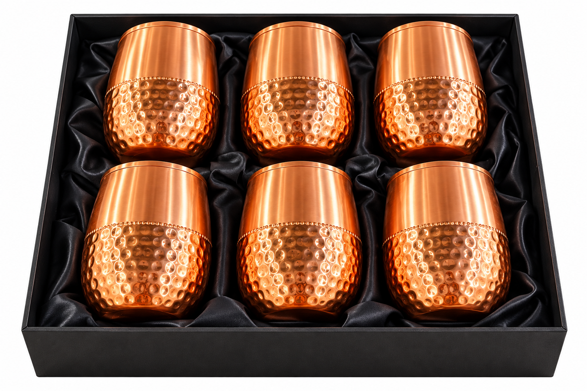 Set of 6 Hammered Copper Tumblers in Premium Black Gift Box – Elegant Copper Drinkware Set