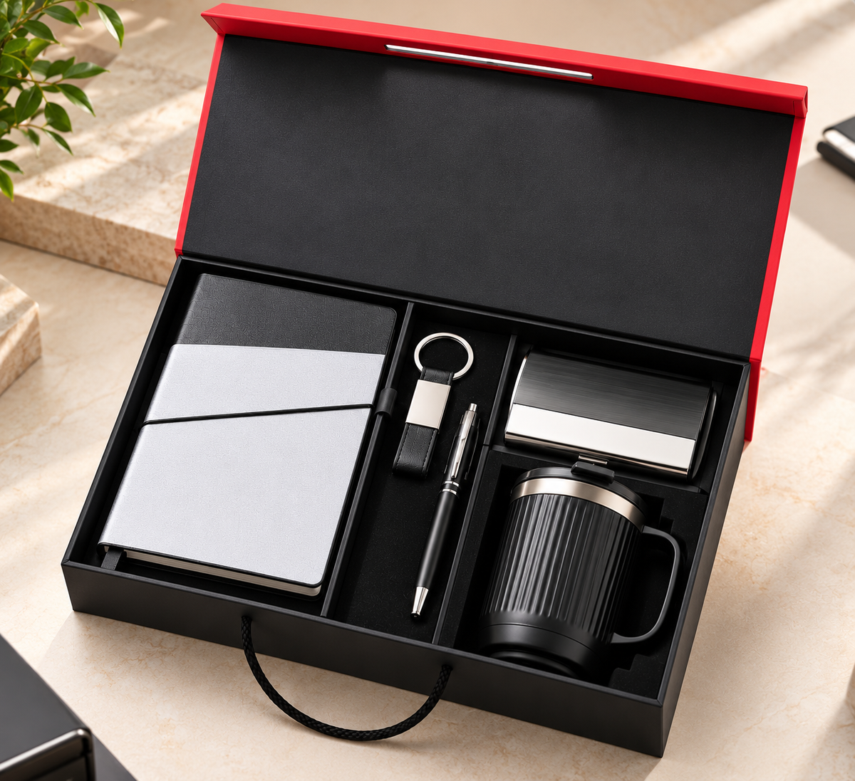 Premium 5-in-1 Corporate Gift Set with Dual-Tone A5 Notebook, Metal Bamboo Pen, Keychain, Card Holder