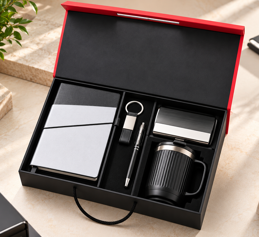 Premium 5-in-1 Corporate Gift Set with Dual-Tone A5 Notebook, Metal Bamboo Pen, Keychain, Card Holder