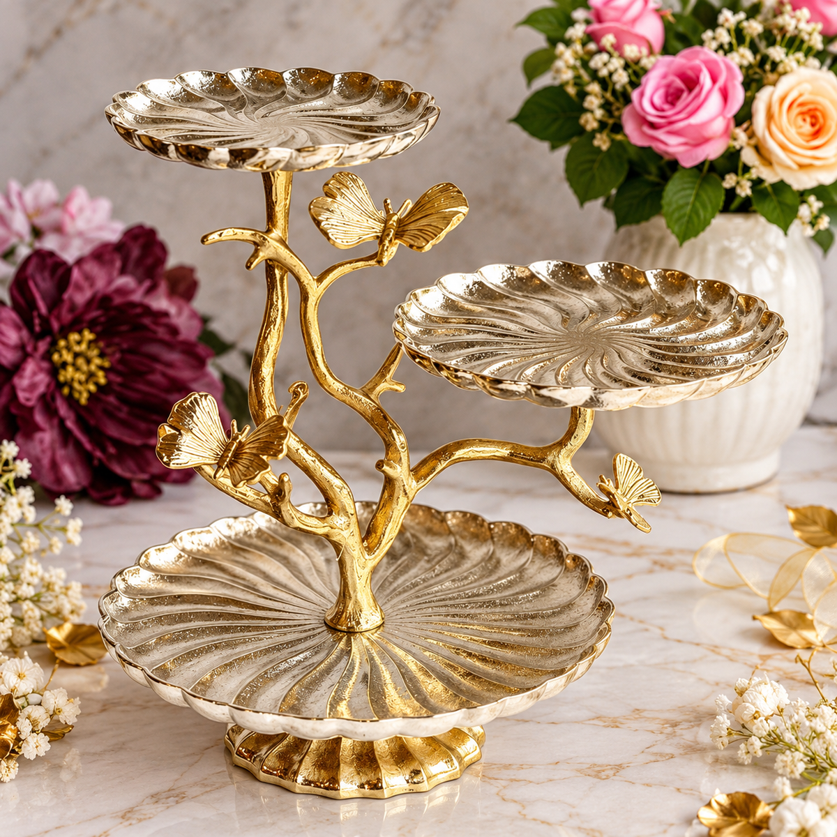 Elegant Gold Butterfly 3-Tier Serving Stand – Luxury Design & Timeless Charm